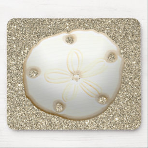 Sand dollar on sparkly gold beach sand mouse pad