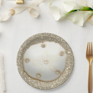 Sand dollar on sparkly gold beach sand paper plate