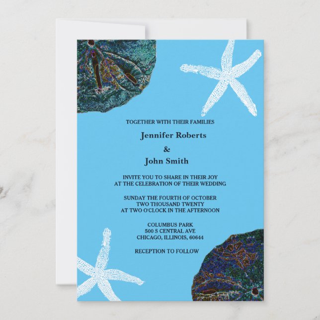Sand Dollar Sea Shells Abstract Blue Beach Wedding Invitation (Front)