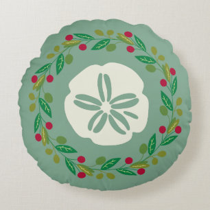 Sand Dollar Seashell Christmas Wreath Round Cushion