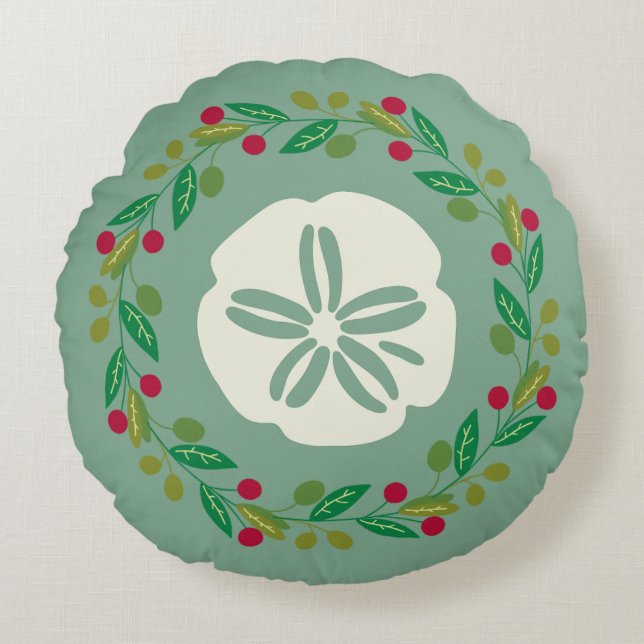 Sand Dollar Seashell Christmas Wreath Round Cushion (Front)