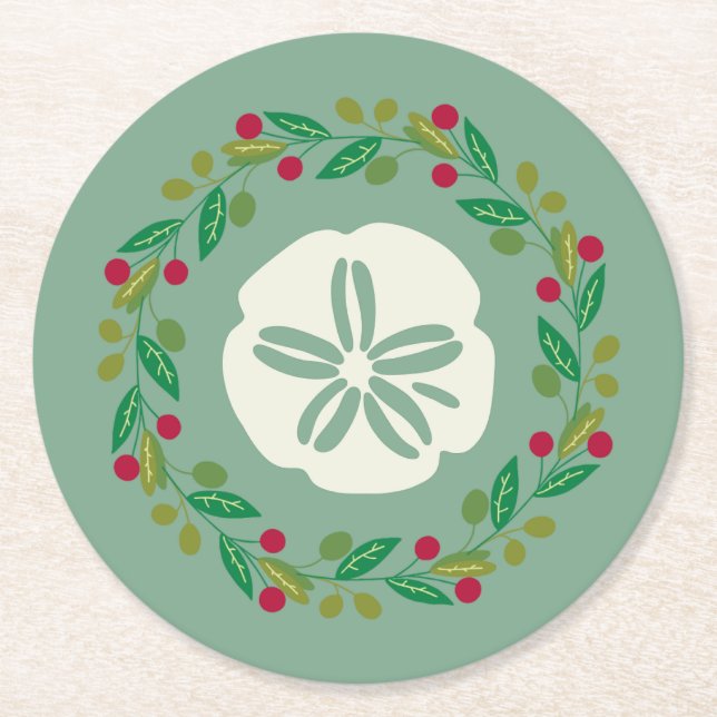 Sand Dollar Seashell Christmas Wreath Round Paper Coaster (Front)