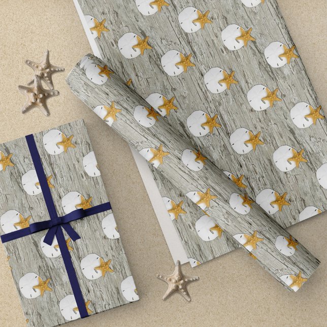 Sand Dollar Starfish Rustic Beach Driftwood Wrapping Paper (Creator Uploaded)