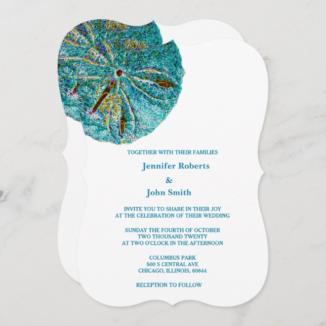 Sand Dollar Teal Artsy Beach Nautical Wedding  Invitation (Front/Back)