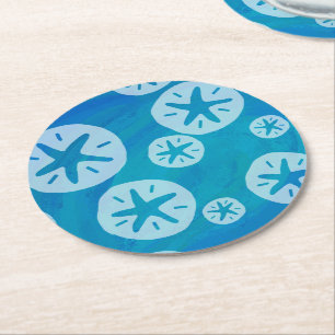 Sand Dollar White and Blue Pattern Round Paper Coaster