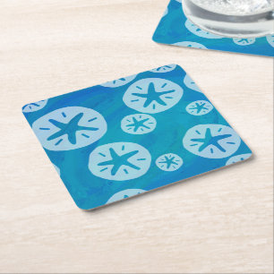 Sand Dollar White and Blue Pattern Square Paper Coaster
