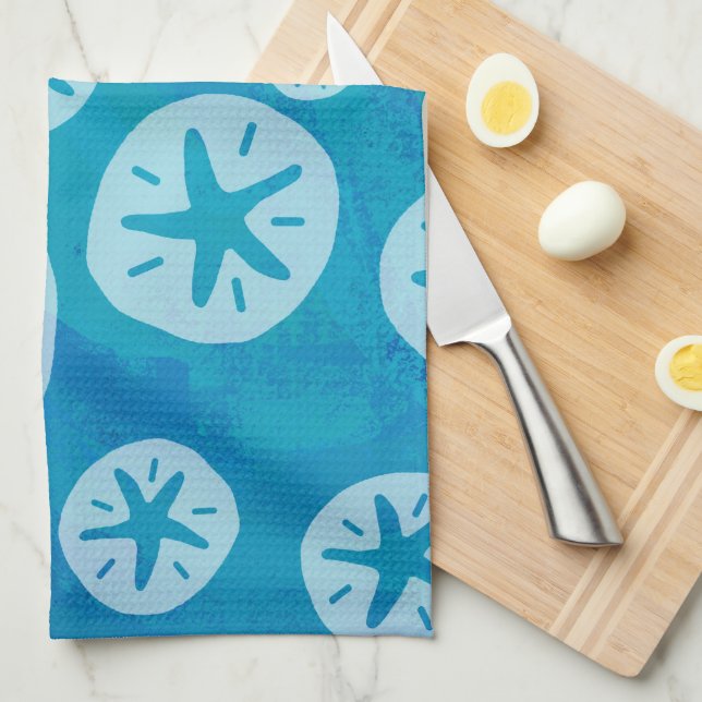 Sand Dollar White and Blue Pattern Tea Towel (Quarter Fold)