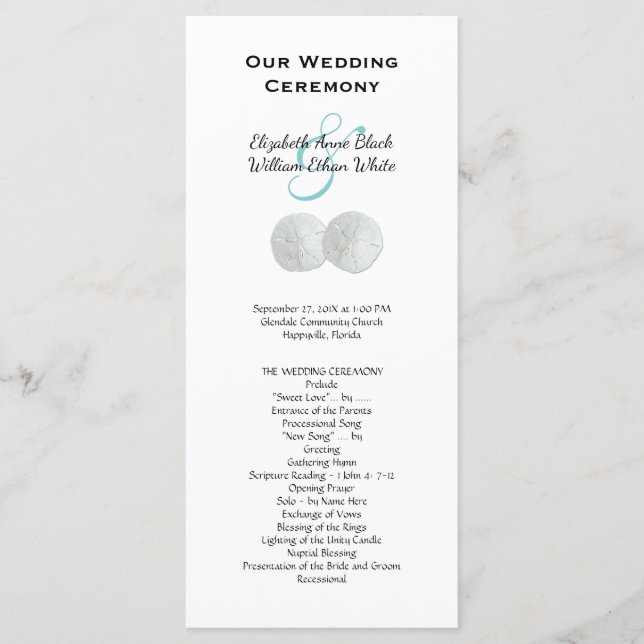 Sand Dollars Beach Wedding Tall Program Template (Front)