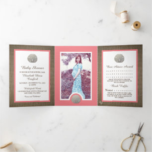 Sand Dollars & Burlap, Beach Baby Shower Suite Tri-Fold Invitation
