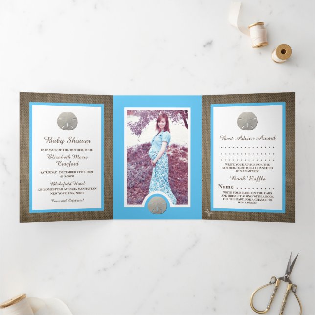 Sand Dollars & Burlap, Beach Baby Shower Suite Tri-Fold Invitation (Inside)