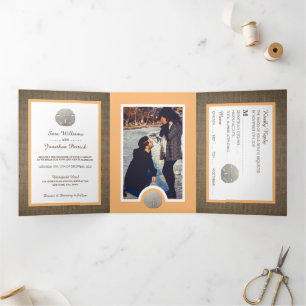 Sand Dollars & Burlap, Peach Beach Wedding Suite Tri-Fold Invitation