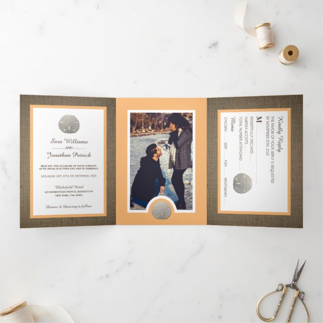 Sand Dollars & Burlap, Peach Beach Wedding Suite Tri-Fold Invitation (Inside)