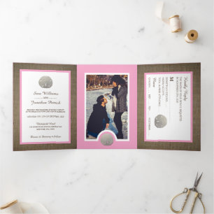 Sand Dollars & Burlap, Pink Beach Wedding Suite Tri-Fold Invitation