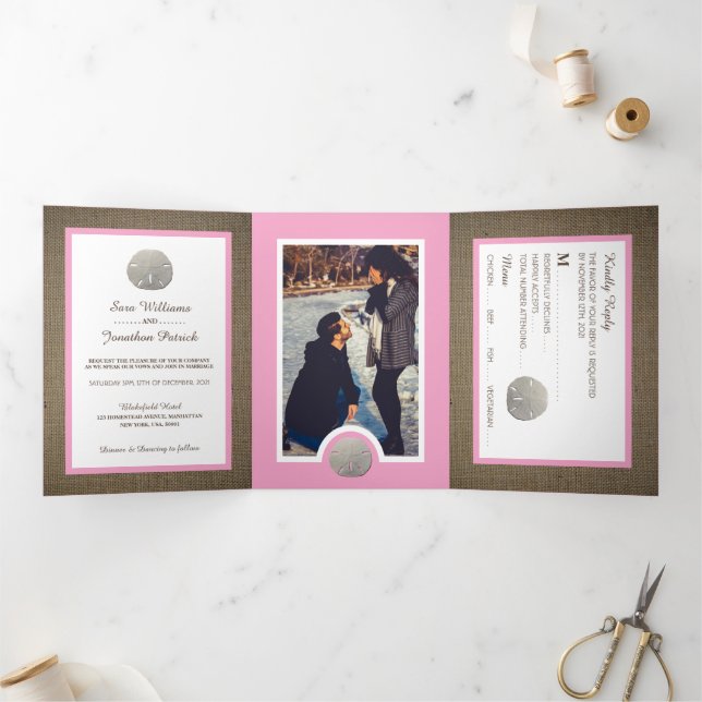Sand Dollars & Burlap, Pink Beach Wedding Suite Tri-Fold Invitation (Inside)