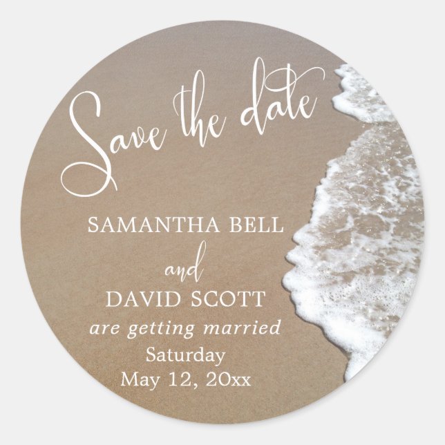 Sand & Foam Beach Photo Save the Date 2 Classic Round Sticker (Front)