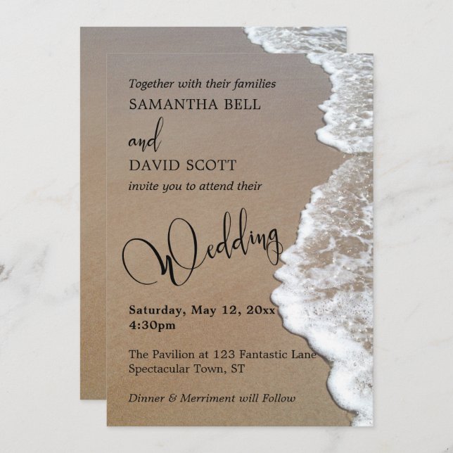 Sand & Foam Beach Photo, Typography Wedding 1b Invitation (Front/Back)