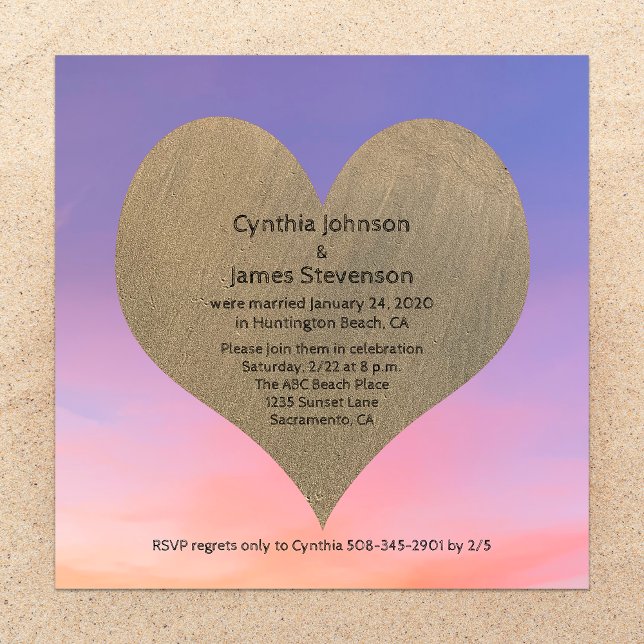 Sand Heart at Sunset Beach Post Wedding Reception Invitation (Creator Uploaded)