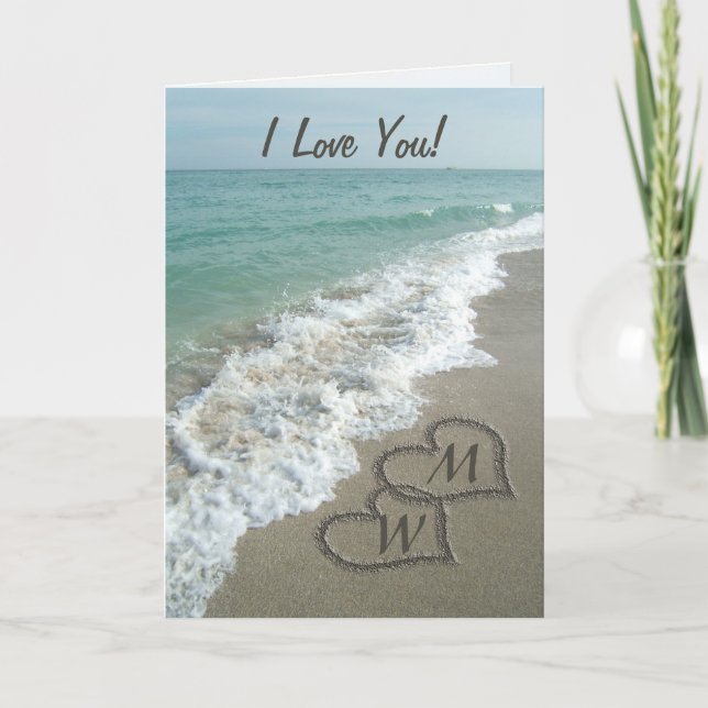 Sand Hearts on Beach Personalised Anniversary Card (Front)