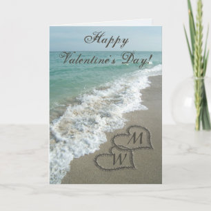 Sand Hearts on Beach Personalised Valentine Holiday Card