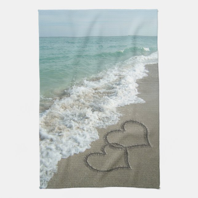 Sand Hearts on the Beach Tea Towel (Vertical)