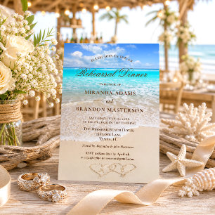 Sand Hearts Tropical Ocean Beach Rehearsal Dinner Invitation