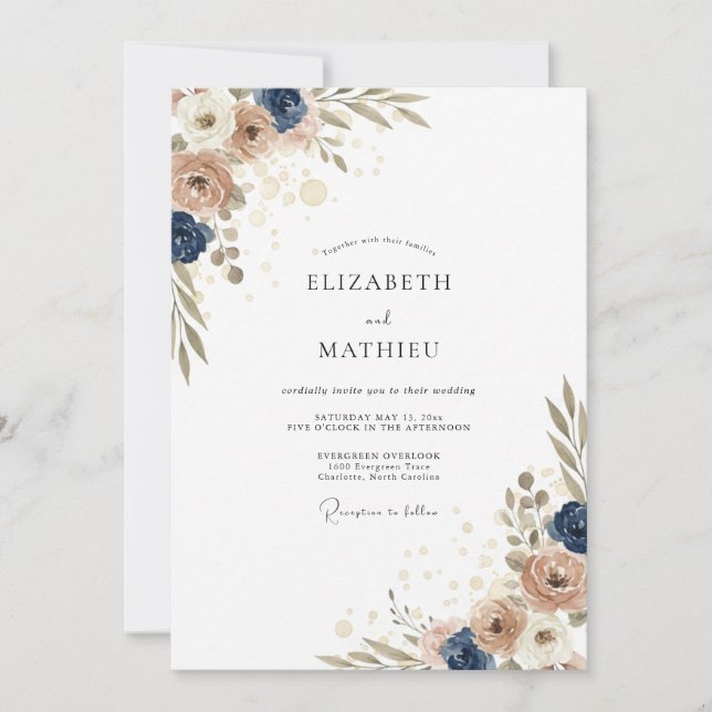 Sand Indigo Peony Wedding Invitation (Front)