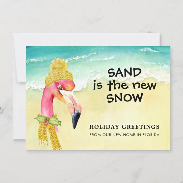Sand is the New Snow Flamingo Beach Holiday Moving Announcement (Front)