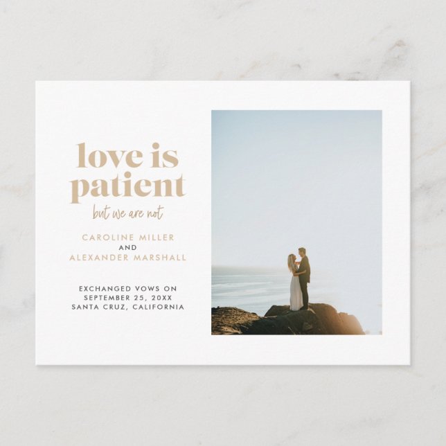 Sand Love is Patient But We Are Not Elopement Announcement Postcard (Front)