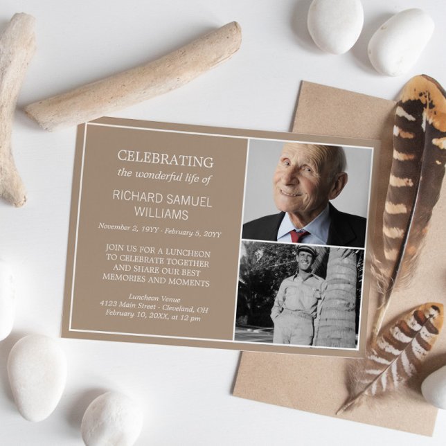 Sand Minimal Celebrating Life 2 Photos Memorial Invitation (Creator Uploaded)