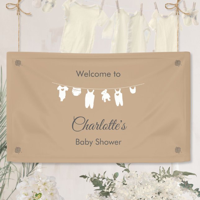 Sand Minimalist Gender Neutral Baby Shower Banner (Tan Baby Shower Welcome Sign with Clothesline ©Susanne Sachers - Sunny Mind 🌞)