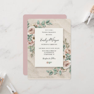 Sand Off-White Sage Green Floral Wedding Invitation