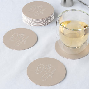 Sand Oversized Script Monogram Wedding Round Paper Coaster