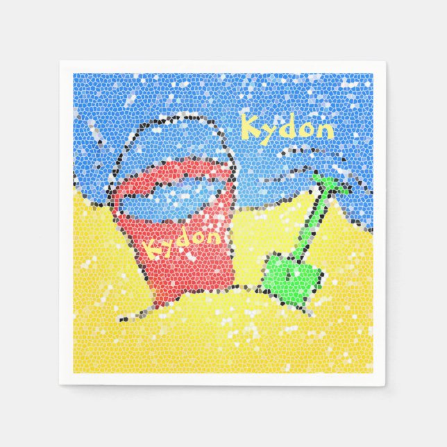 Sand pail and shovel beach yellow red blue party napkin (Front)