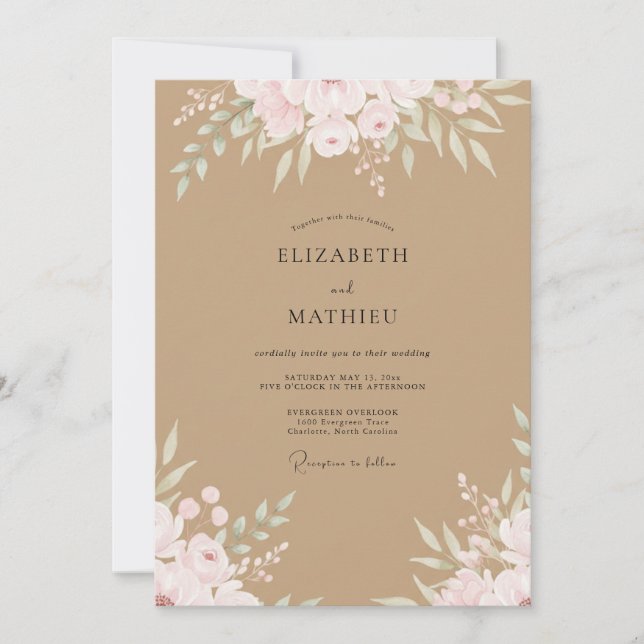 Sand Peach Foliage Eucalyptus Wedding Invitation (Front)