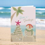 Sand Sculptures Christmas Card<br><div class="desc">Snowman and Christmas tree sand sculptures with starfish,  pearls,  and seaweed decor send a warm Christmas greeting. Send with a cash or card treasure from the beach or a plane ticket to the beach. ...  or whatever :)</div>
