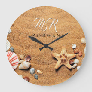 Sand & Sea Shells, DIY Name & Monogram, Wh Script Large Clock