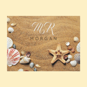 Sand & Sea Shells, Name & Monogram, White Script Postcard