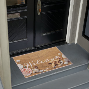 Sand Seashells Ocean Calligraphy Welcome Doormat