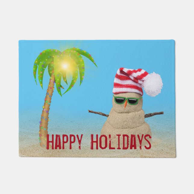 Sand Snowman with Christmas Palm Tree Doormat (Front)