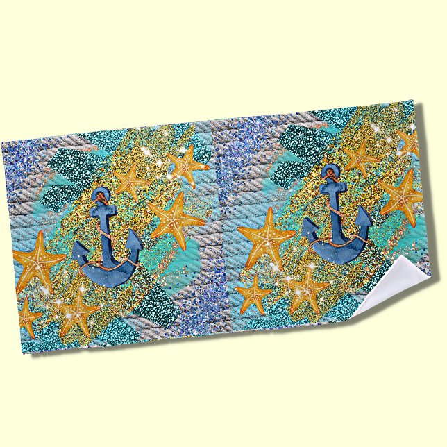 Sand Starfish & Anchor Blue Nautical  Beach Towel (Creator Uploaded)