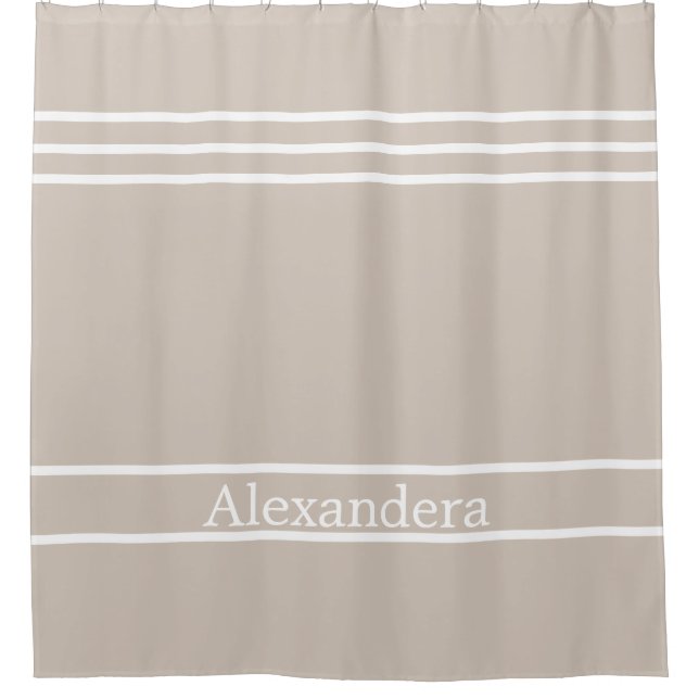 Sand Tan Taupe White Striped Nautical Coastal Shower Curtain (Front)