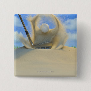 sand wedge hitting a golf ball out of a sand 2 15 cm square badge