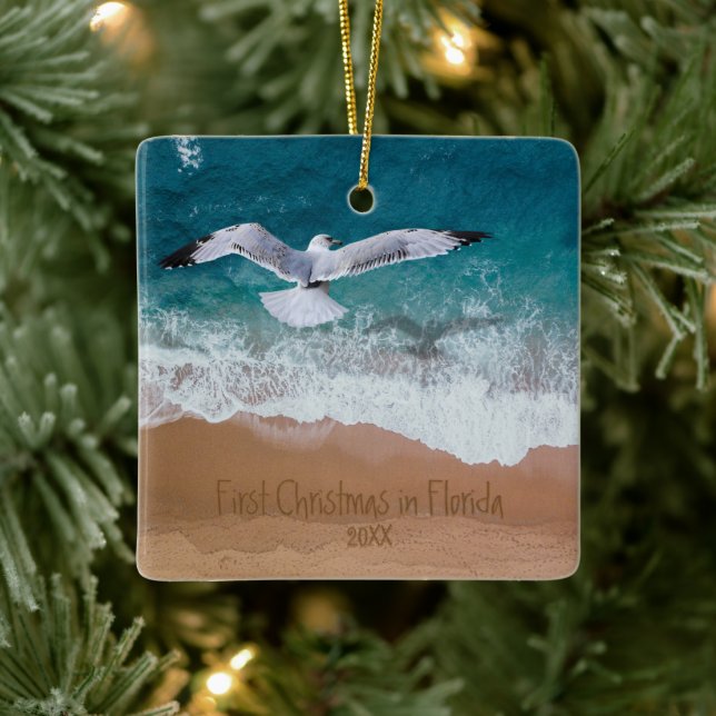 Sand Writing Beach Our First Christmas in Florida Ceramic Ornament (Tree)
