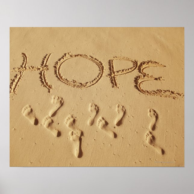 Sand writing ' Hope' on the beach with the Poster (Front)