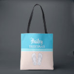 Sandals on Beach Monogrammed Bridesmaid Wedding Tote Bag<br><div class="desc">Bridesmaids will love a personalised beach bag as a keepsake gift for a seaside wedding. All text is simple to customise. Pastel coral and light turquoise blue design features bright white typography, name, initials, bridal party title, and monogrammed flip flops on an abstract modern minimalist beach. The handwritten style script...</div>