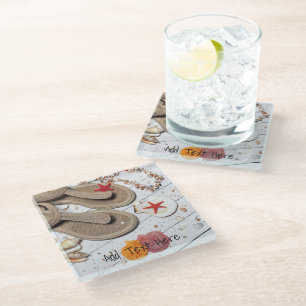 Sandals, Seashells and Starfish at the Beach Glass Coaster