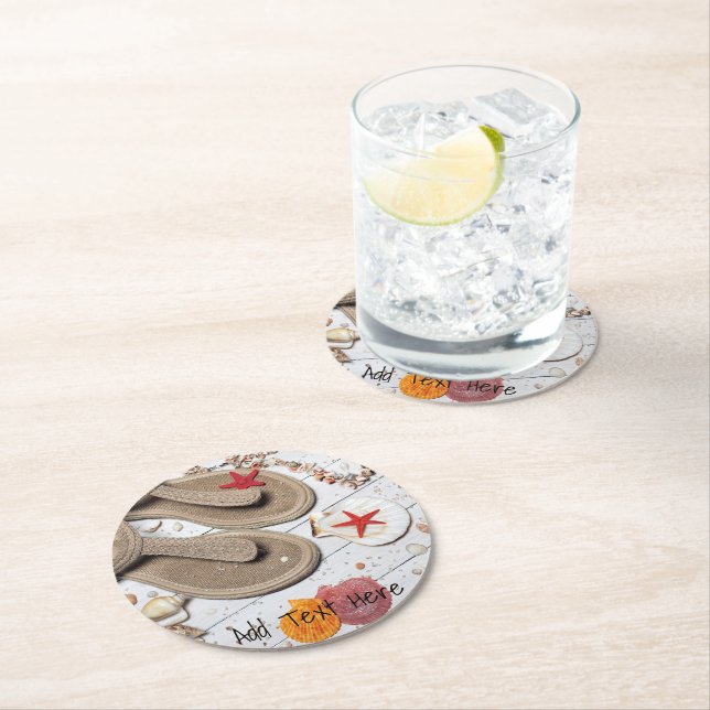 Sandals, Seashells and Starfish at the Beach Round Paper Coaster (Insitu)