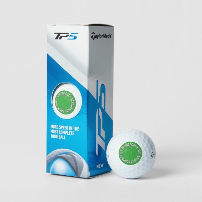 Sandbagger green Taylor Made TP5 golf balls 3 pk (Packaging)