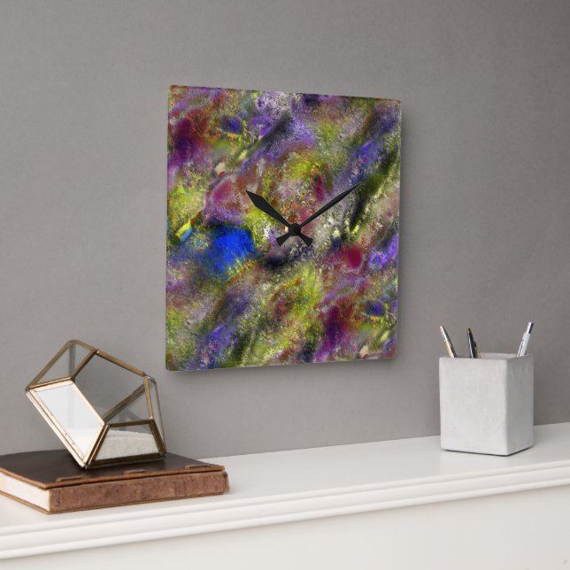 Sandblasted splattered yellow red paint on cotton  square wall clock (Office)