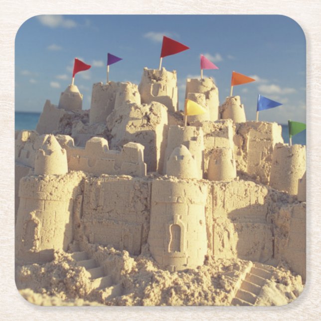 Sandcastle On Beach Square Paper Coaster (Front)